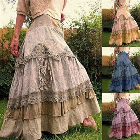 Womens Lace Stitching High Waist Vintage Big Swing Bohemian Long Skirt S 5xl Wish