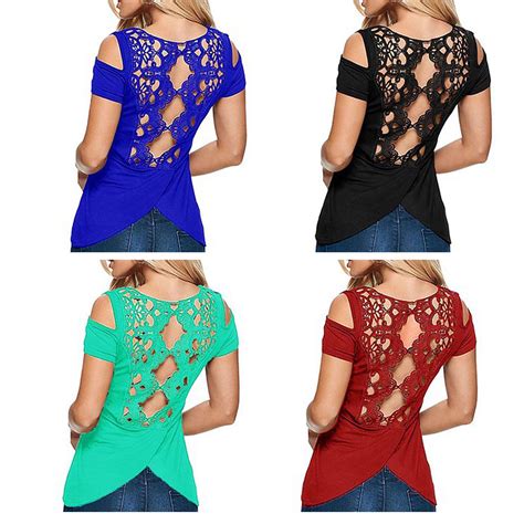 Womens Sexy Cut Out Shoulder Off Cotton Blouse Lace Tops T Shirt Casual