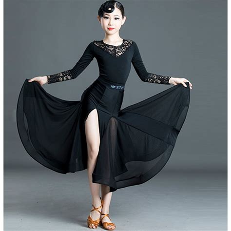 Girls Black Lace Long Sleeves Ballroom Dance Dresses Kids Competition