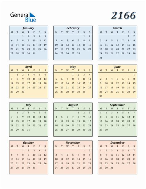2166 Yearly Calendar Templates With Monday Start