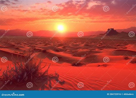 Desert With Sunrise And Cherry Red Sky Stock Photo Image Of