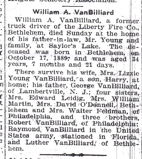 Touching Family History: Obituary of William A. VanBilliard