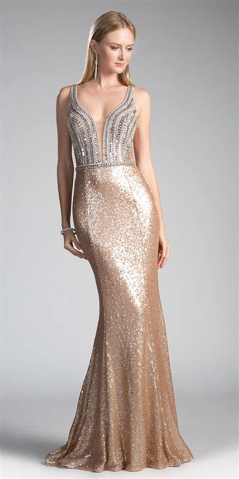 Cinderella Divine Cr810 Gold Sequins Long Prom Dress Beaded Bodice Cut Out Back Discountdressshop