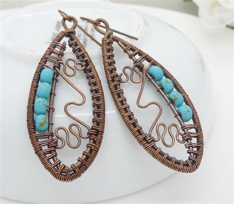 Big Copper Turquoise Earrings Wire Wrapped Copper Jewelry Turquoise