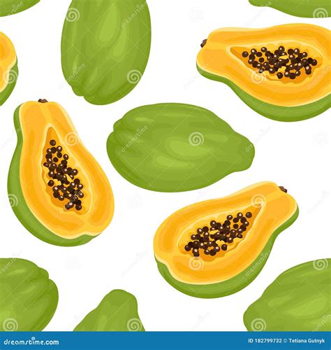 Papaya Seamless Pattern Tropical Fruits Whole And Halves Isolated On