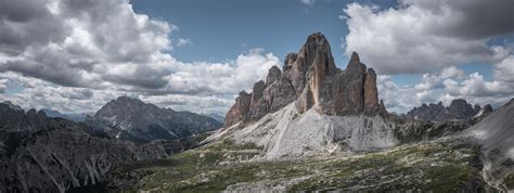 Mountain Panorama With Three Peaks Mountain Summits In The Dolomite