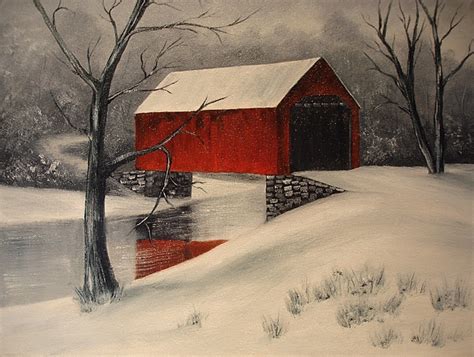 Covered Bridge In The Snow Painting By Rosie Phillips