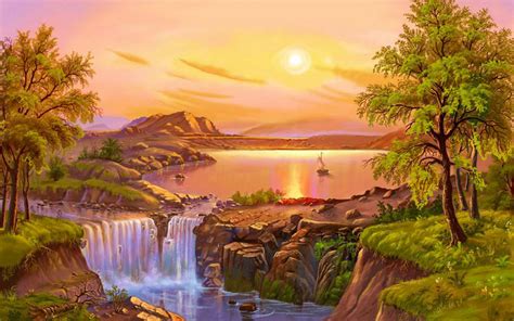 Beautiful Landscape Summer Painting River Lake Waterfall