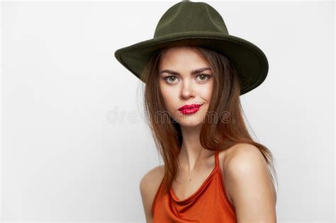 smiling woman in hat red lips sensual look elegant style stock image image of face elegance