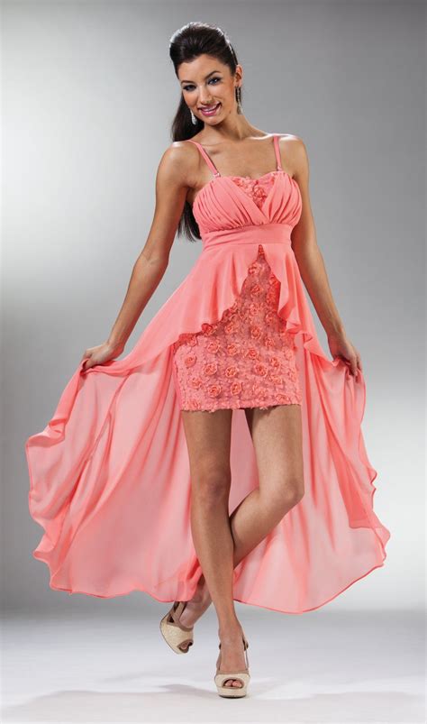 Chiffon Flower Semi Formal Coral Dress Spaghetti Straps 5 Colors Available High Low Cocktail