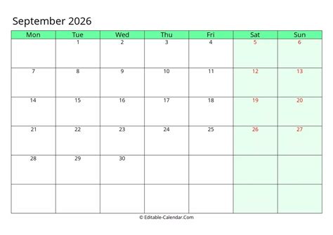 Download Fillable Calendar September 2026 Monday Start