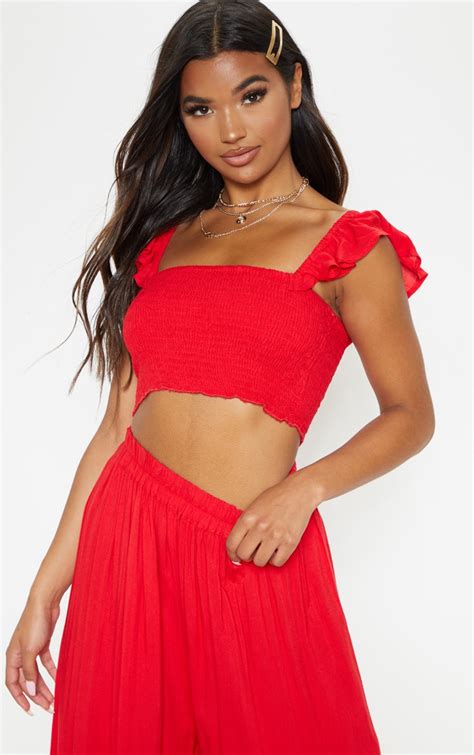 red woven frill detail shirred cami top prettylittlething