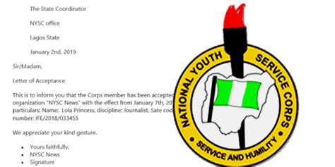 Nysc Ppa Acceptance Letter Format And Sample
