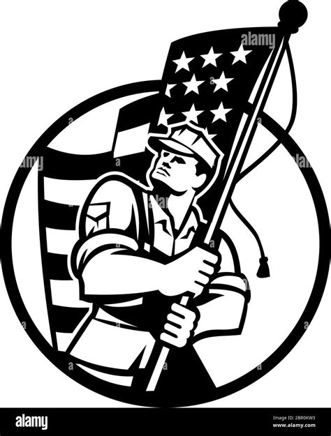 black and white illustration of an american patriot soldier military serviceman looking up