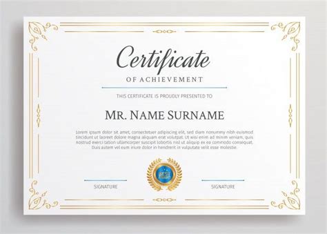 Golden Diploma Certificate With Blue Badge And Border A4 Template For