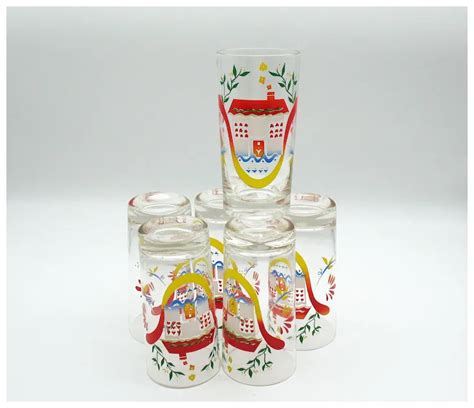 Vintage Six Glasses With Decals Of Cottages By Libbey 1960s Good Ruby