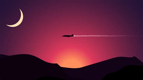Minimalism Plane Flying Above Mountains Moon 4k Sunset Wallpapers