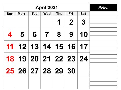 Blank April 2021 Calendar With Notes Pdf In 2021 Calendar Word