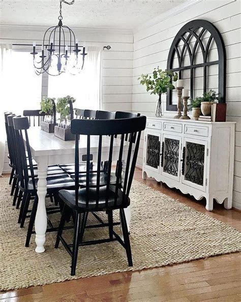black and white farmhouse dining room Dining farmhouse chairs area table rooms buffet chandelier frame chic wooden wall zones inspired digsdigs bulb contrasting