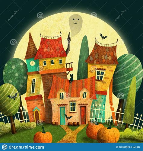 Old Victorian House With Cats Ghost Pumpkin Trees Moon And Bat