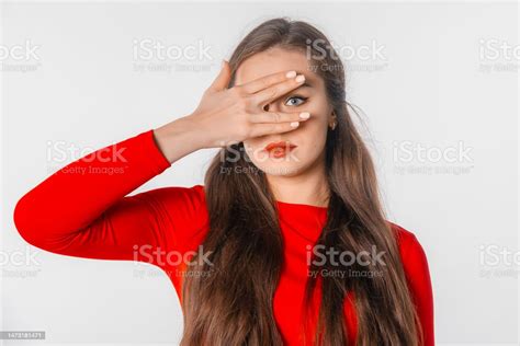 Scared Shocked Worried Woman Hiding Face Behind Hands Peeking Through