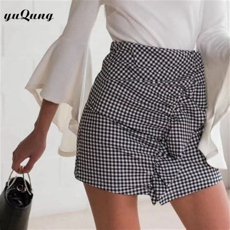 Yuqung Women Plaid Pencil Skirt Ruffles High Waist Mini Skirt Bodycon Short Tight Skirts Womens