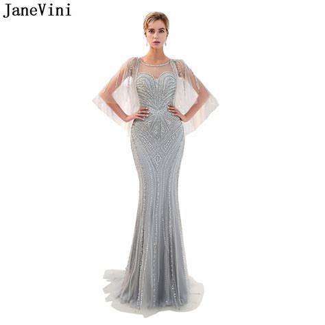 janevini luxurious gray mermaid dubai long bridesmaid dresses scoop neck full beading backless