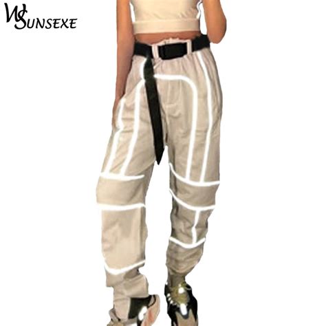 Reflective Lines Streetwear Cargo Pants Women High Waist Pants With