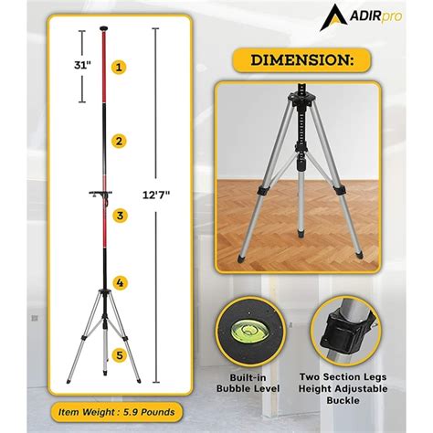 Adirpro Heavy Duty Aluminum Rotary Laser Level Pole And Tripod Kit With