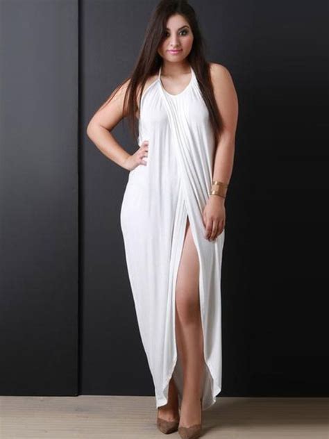 Plus Size White Halter Womens Maxi Dress Menina De Estilo Curvilíneo