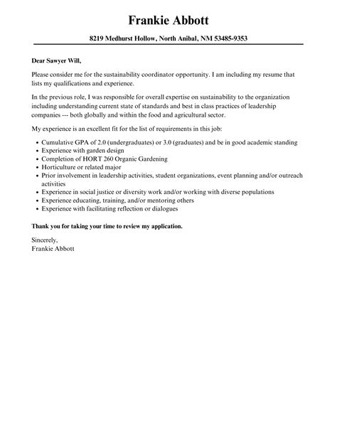Sustainability Coordinator Cover Letter Velvet Jobs
