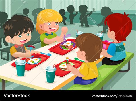Elementary Students Eating Lunch In Cafeteria Vector Image