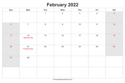 Free Printable February 2022 Calendar With Holidays Pdf Png Free
