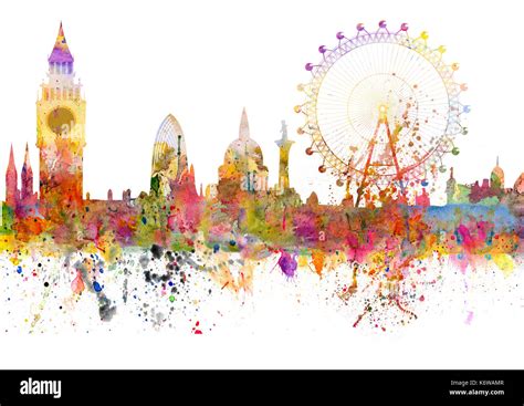 Abstract Illustration Of The London Skyline Watercolor Stains And