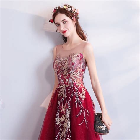Red Prom Dress 2020 Floral Party Dress Women Sheer Top Formal Etsy