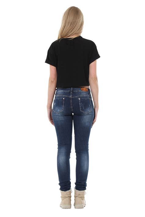 Low Rise Ripped Jeans With Diamante Detail Skinny Fit Dark Blue
