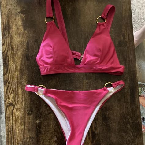 romwe women s pink and gold swimsuit one piece depop
