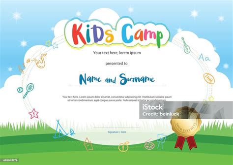 Kids Summer Camp Diploma Or Certificate With Cartoon Style Background