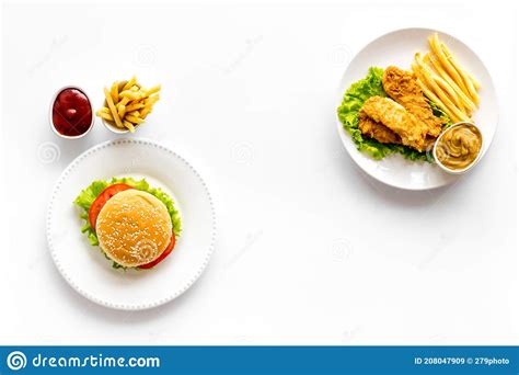 Delicious Burgers With French Fries And Fried Chicken Flat Lay Top
