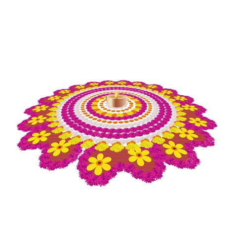 Colorful Rangoli For Wedding And Festival With Marigold Flowers Diya Or