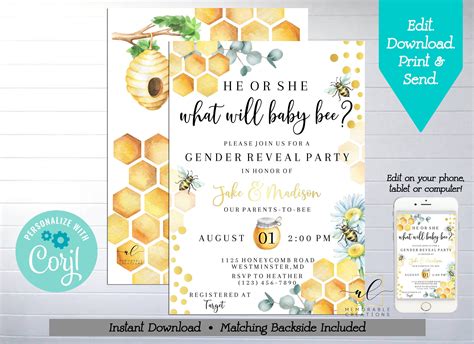 Honey Bee Gender Reveal Party Printable Invitation Edit Etsy In 2020
