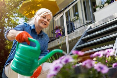 Senior Woman Watering Plants In Her Garden Stock Image Image Of