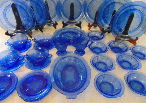 Sold Price Royal Blue Lace Depression Glass Includes 8 10 Dinner Plates 7 6 Bread And Bu