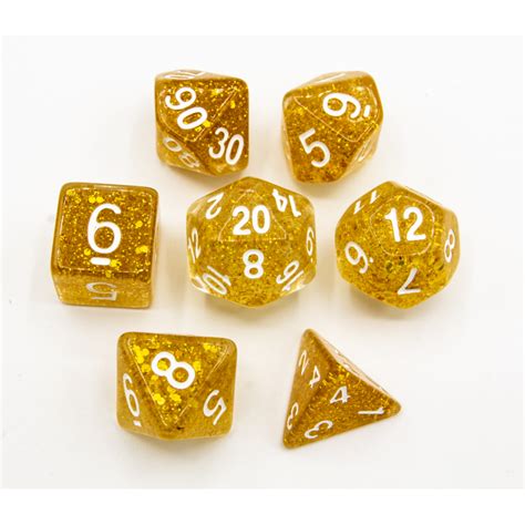 Gold Set Of 7 Glitter Polyhedral Dice With White Numbers For D20 Based