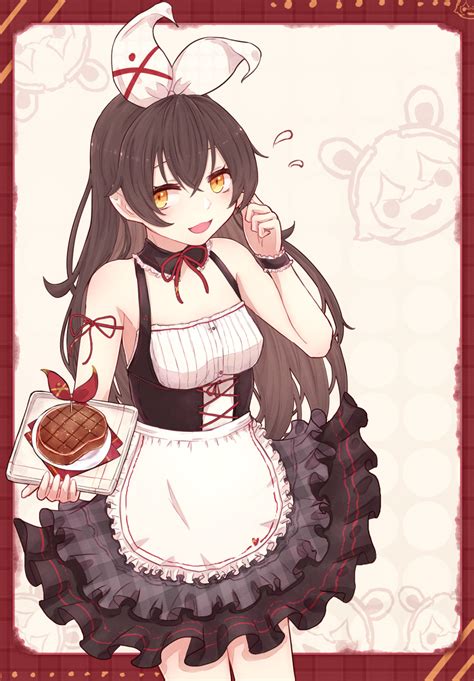 safebooru 1girl absurdres alternate costume amber genshin impact apron bare shoulders baron