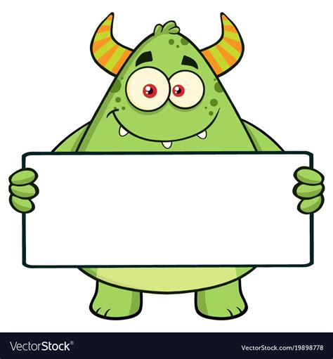 Smiling Horned Green Monster Cartoon Character Holding A Blank Sign