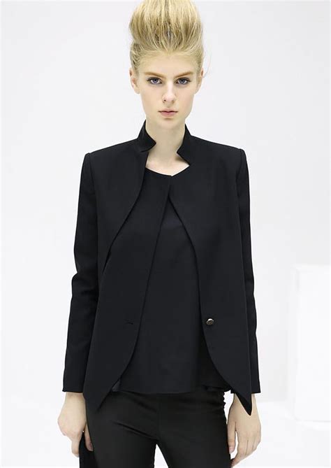 Black Stand Collar Long Sleeve Fitted Blazer 3000 Blazer Fitted