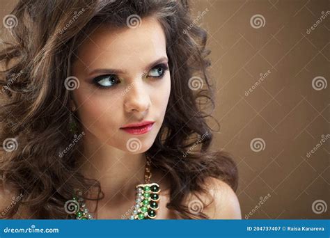 Brunette Girl With Long And Shiny Curly Hair Beautiful Model Woman