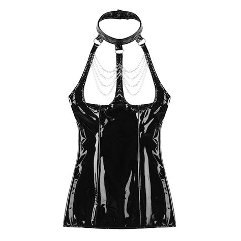 women s mini dress wetlook breastless dress harness with chain party dress lingerie ebay