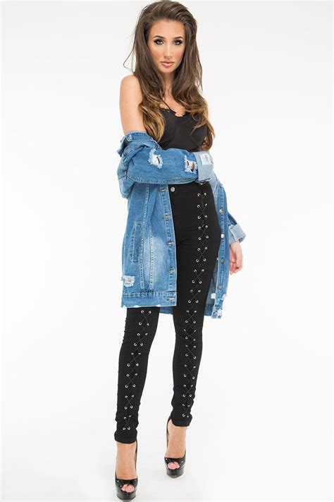 Megan Mckenna Black Lace Up High Waisted Jeans Female Celebrity Fashion High Waist Jeans